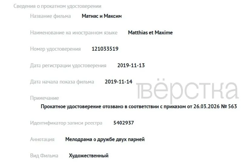 С 1 марта, после вступления в силу закона о защите «традиционных ценностей», Министерство культуры отозвало прокатные удостоверения как минимум у семи картин — три зарубежных, затрагивающих ЛГБТ-тематику, и четыре российских фильма.