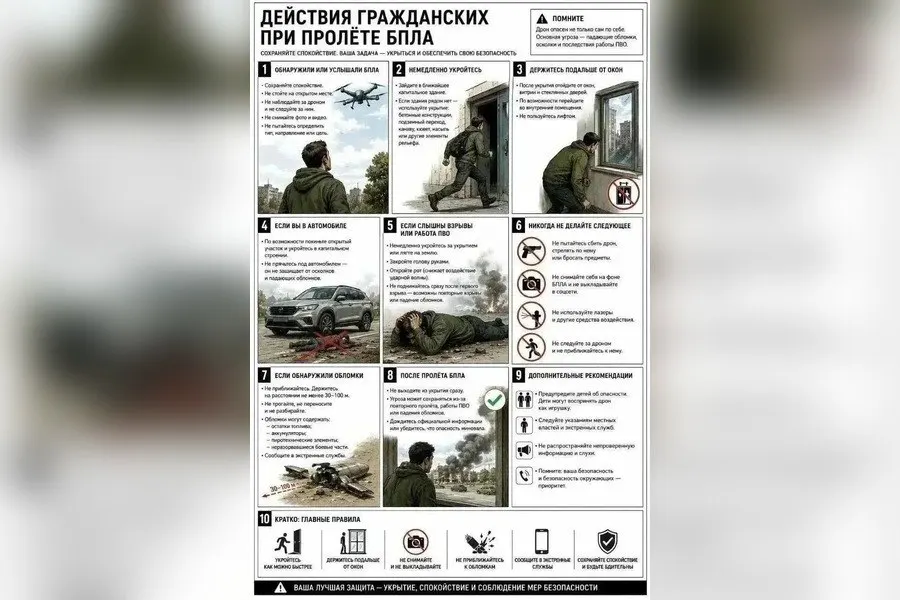 Администрация Нестеровского муниципального округа выпустила памятку с рекомендациями во время атак беспилотников: сохраняйте спокойствие, не подходите к окнам и не включайте свет.
